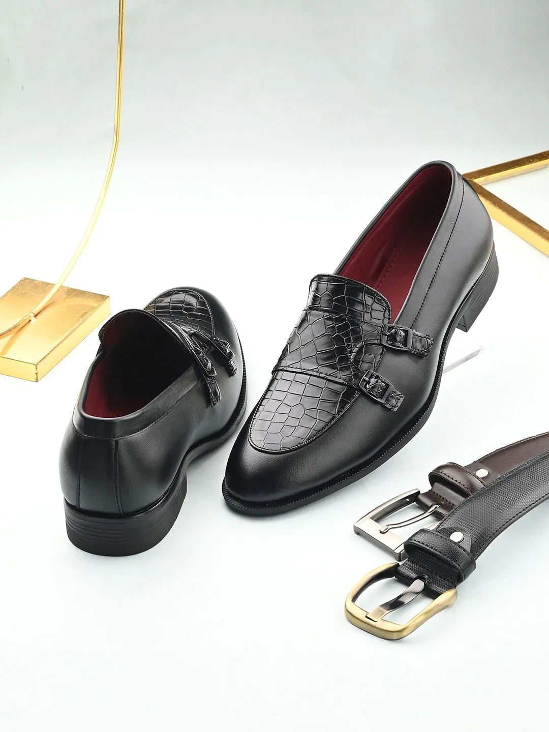 House Of Pataudi Men Black Faux Leather Formal Slip On Monks