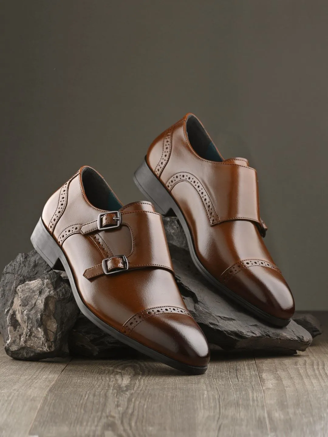 House of Pataudi Men Perforated Double Strap Formal Monk Shoes